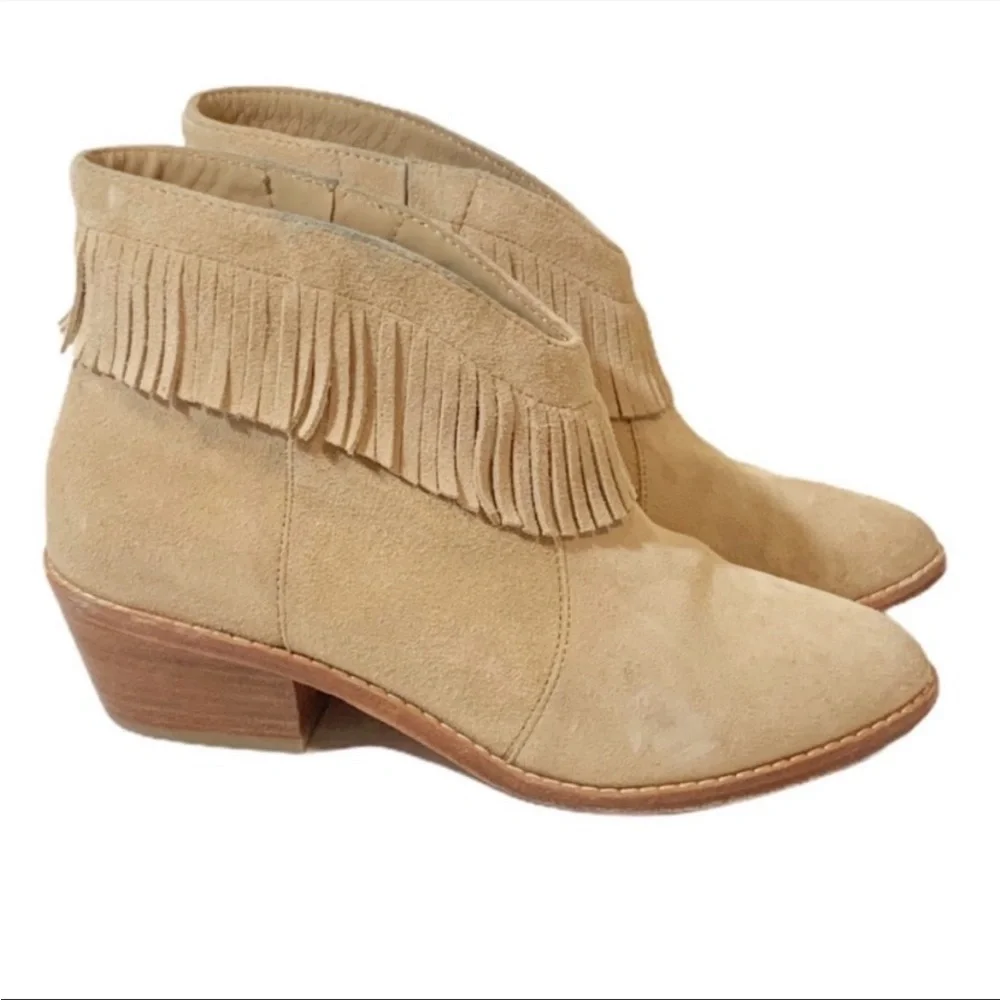 Joie Makena Suede Western Ankle Boots Tan Beige Fringe Size 36.5